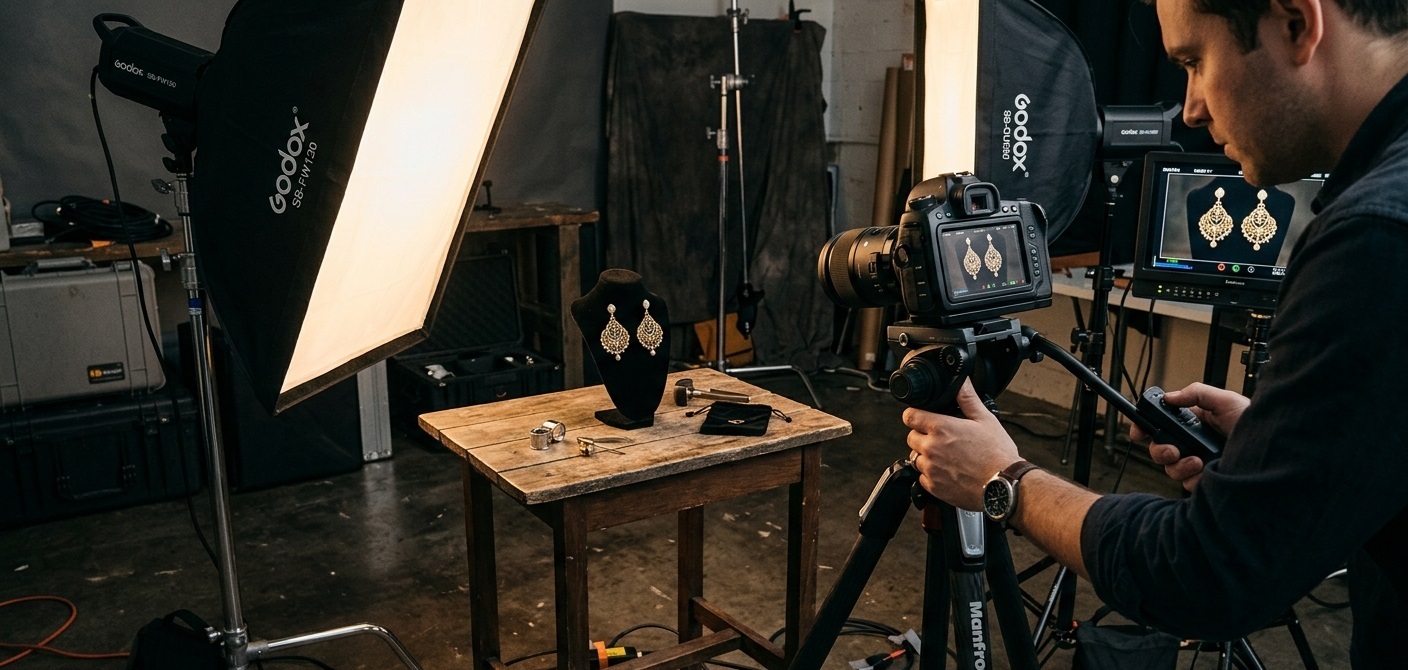 Behind-the-scenes setup showing a camera on a tripod focused on an earring stand with softbox lighting