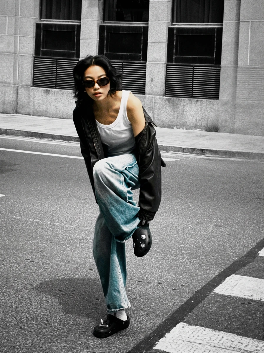 Keep the subject and their clothing in full natural color, but desaturate the entire background to black and white. Do not change the composition, lighting, or any objects—only adjust the colors so the subject stands out in color against a monochrome environment.