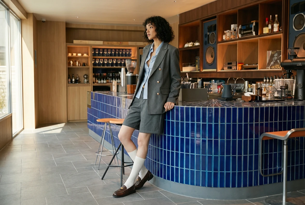 Combine these images into a fashion lookbook spread in a 3:2 horizontal layout. Use Image 1 for the model’s face and body proportions, Image 2 for the outfit style, fabrics, and accessories, and Image 3 for the interior location and lighting. Keep the model recognizable across the image, with consistent facial features and hairstyle. Use soft natural window light and a clean editorial photography style.