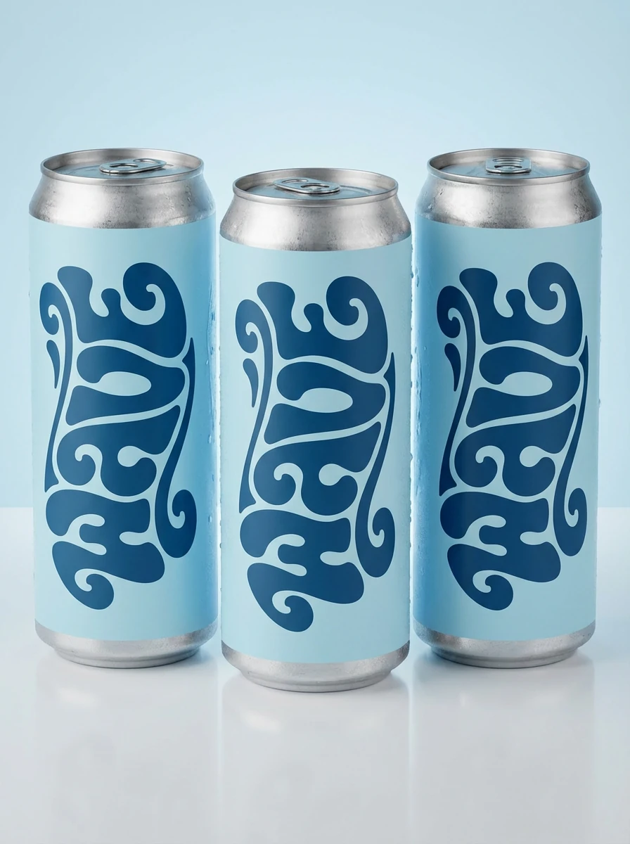 Use this logo to create a 3:4 packaging mockup for a canned drink. Show three cans standing on a clean reflective surface, with the WAVE logo wrapped around each can on a light blue background. Keep the logo proportions and colors consistent. Use soft studio lighting to highlight the metallic texture and subtle condensation on the cans.
