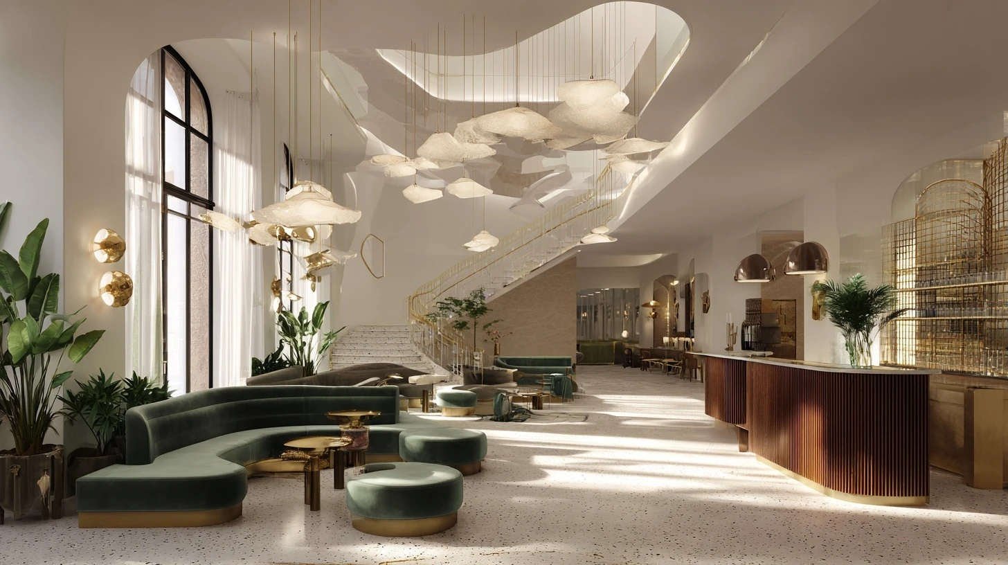 boutique hotel lobby concept with double-height ceiling, sculptural pendant lights, terrazzo flooring, sage velvet seating, warm brass accents, editorial wide-angle lighting, cinematic composition.